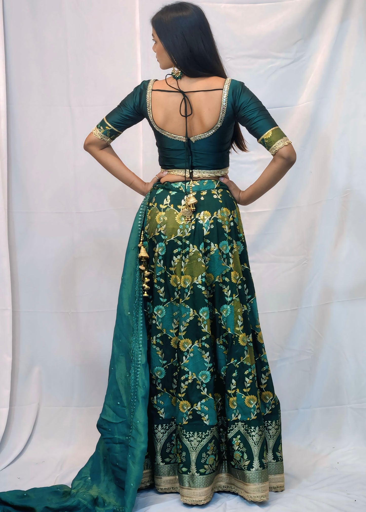 Lehenga Set Custom Stitched Brocade Silk Green