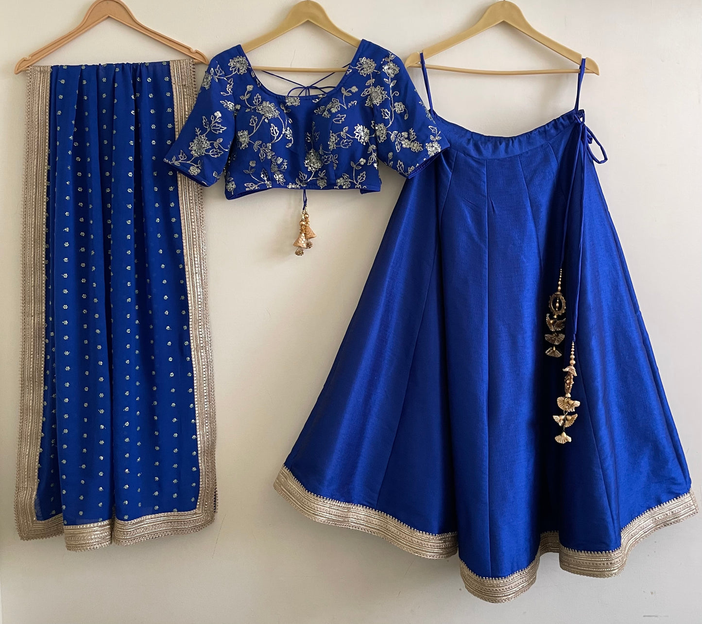 Royal Blue Raw Silk Lehenga with Embroidered Georgette Blouse & Dupatta