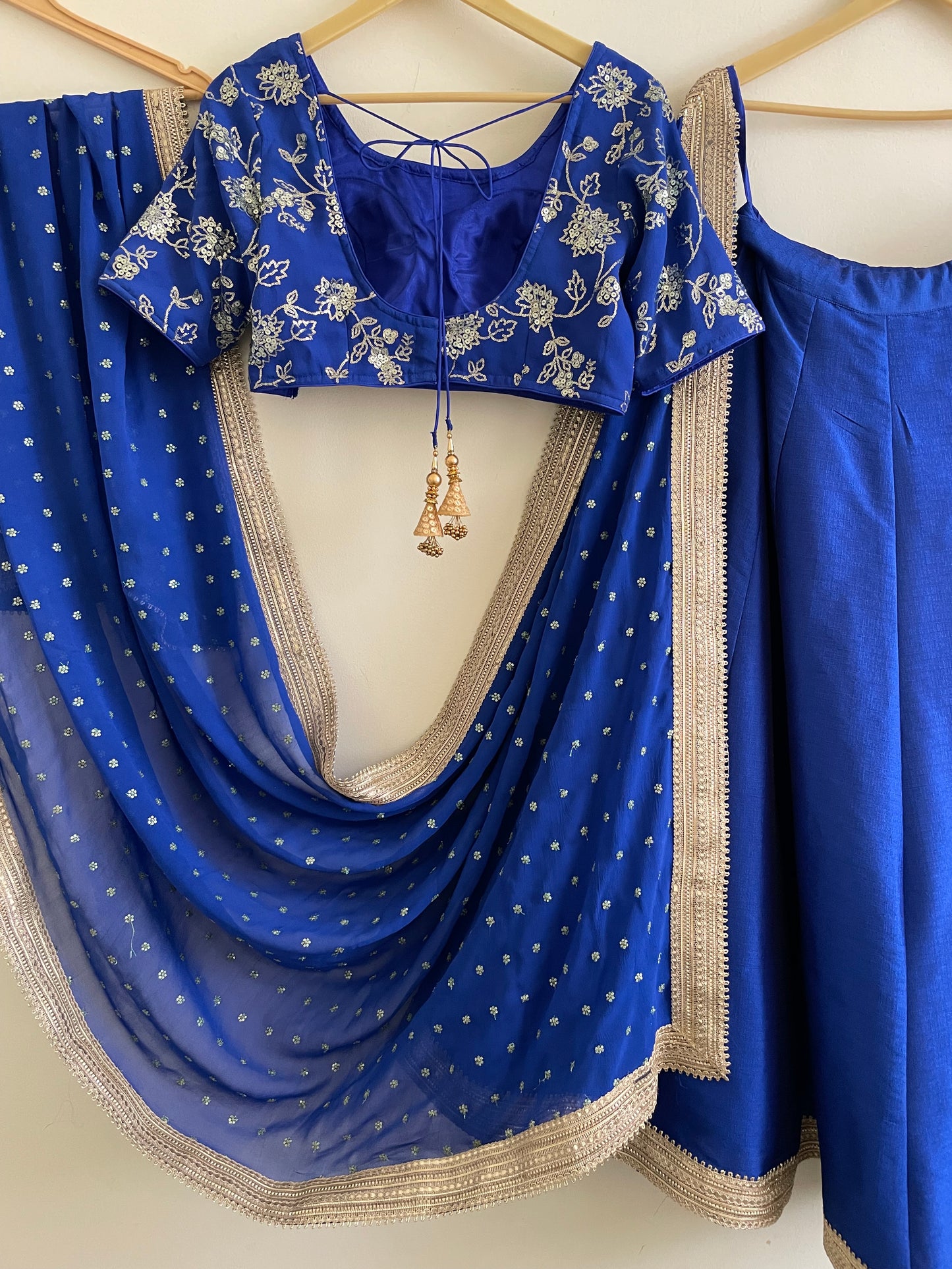 Royal Blue Raw Silk Lehenga with Embroidered Georgette Blouse & Dupatta