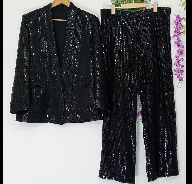 Black Sequins Coat Pant Suit Women's Tailored Sparkle Blazer and Trousers Set