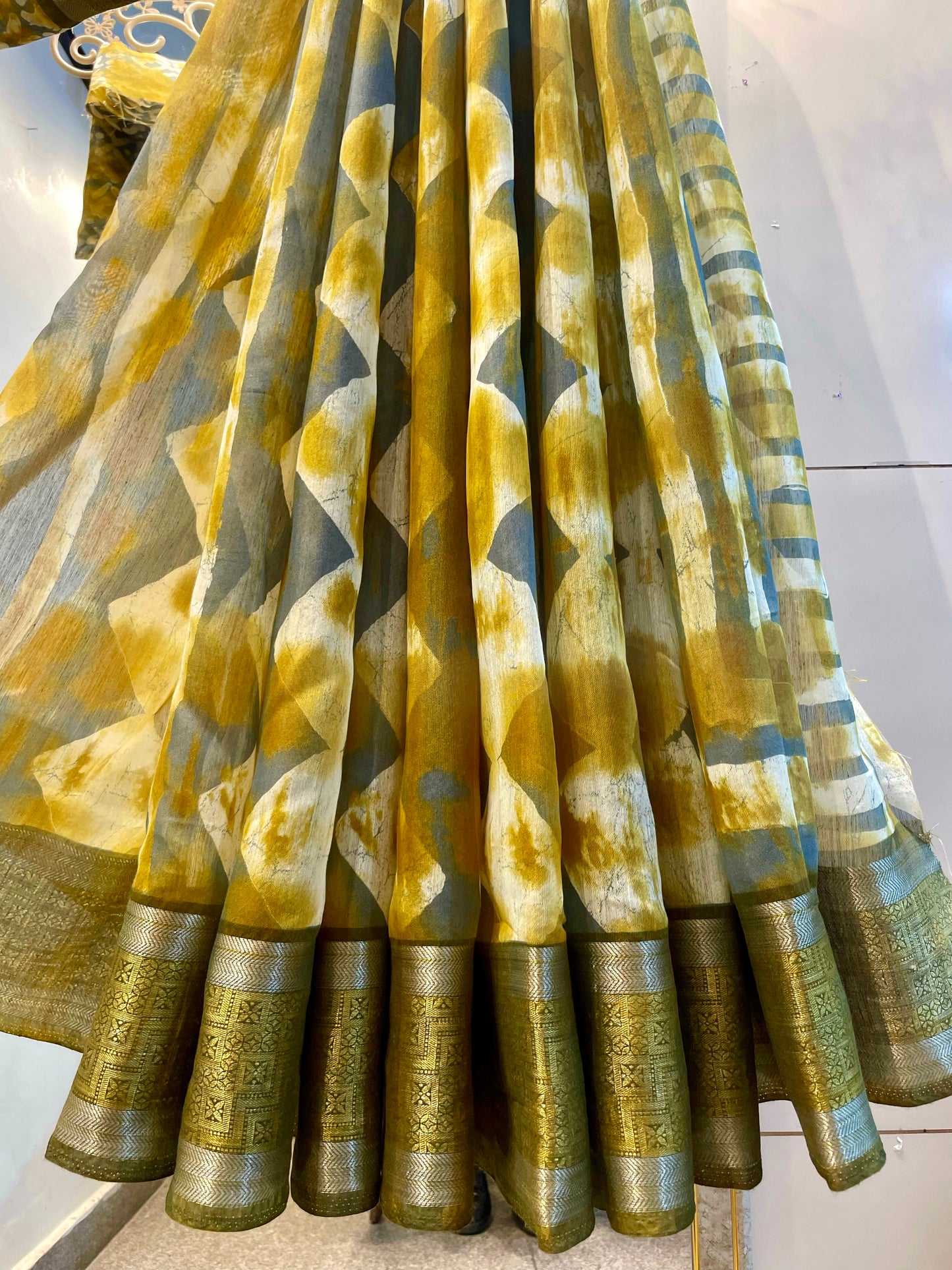 Cotton linen saree for women yellow with grey color