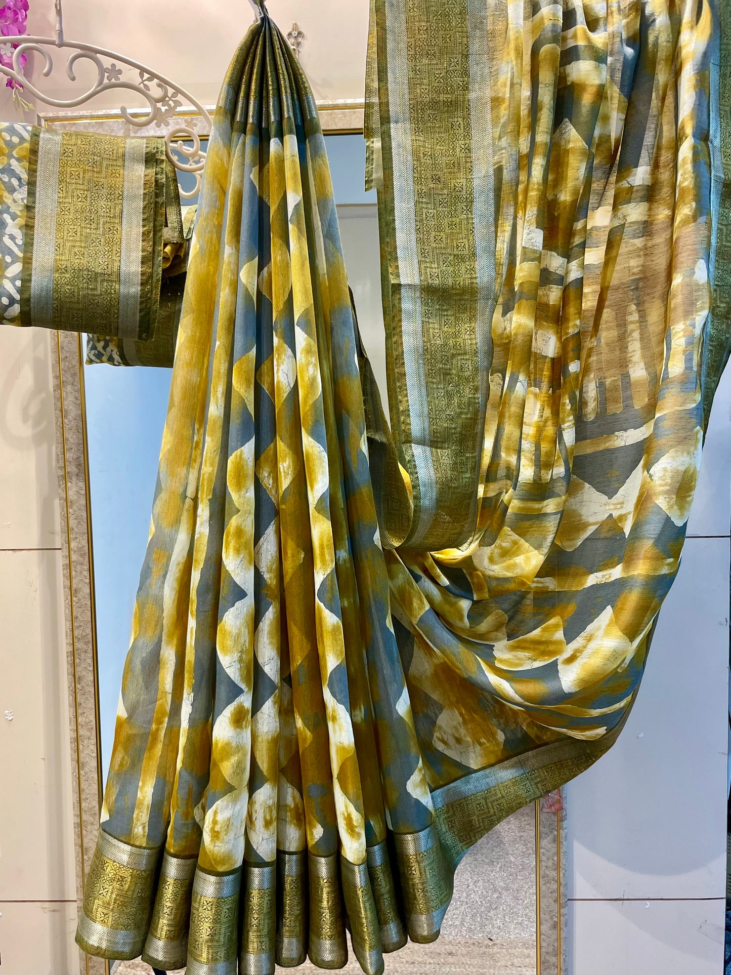 Cotton linen saree for women yellow with grey color