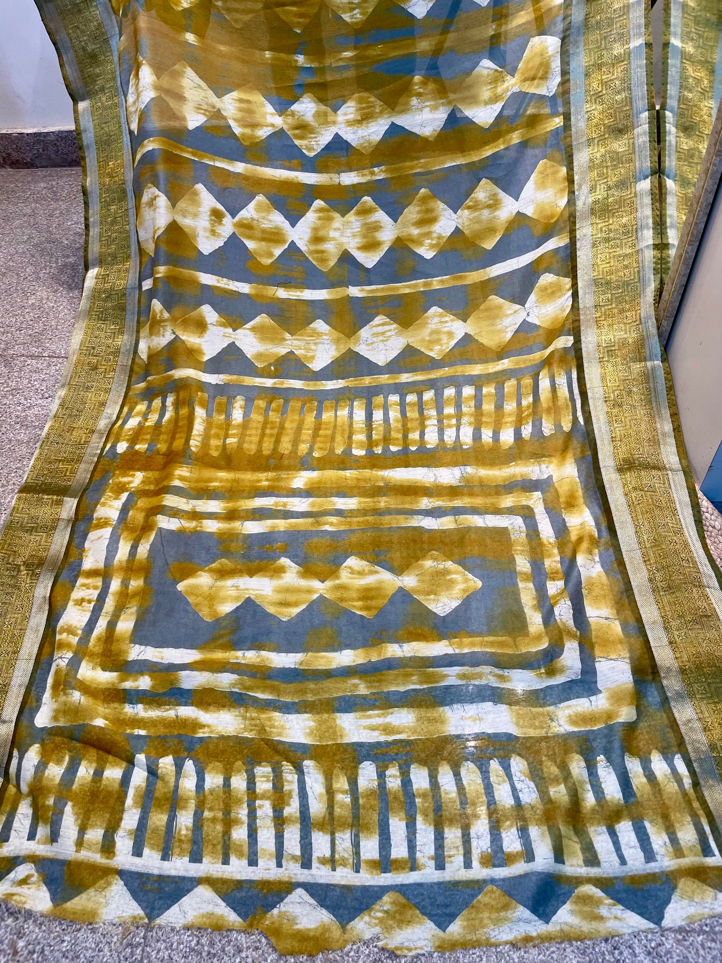Cotton linen saree for women yellow with grey color