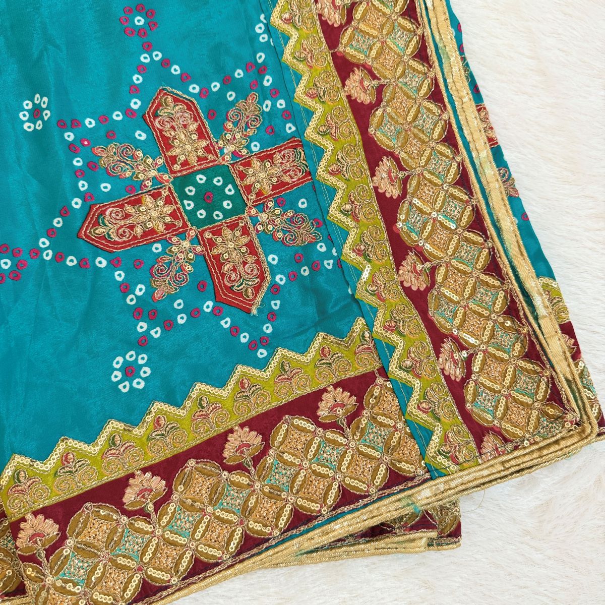 Teal Bandhani Embroidered Dupatta