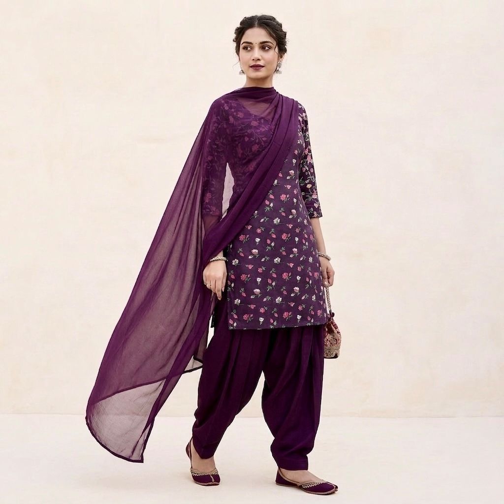 Purple Floral Print Cotton Patiala Salwar Kameez Set with Dupatta