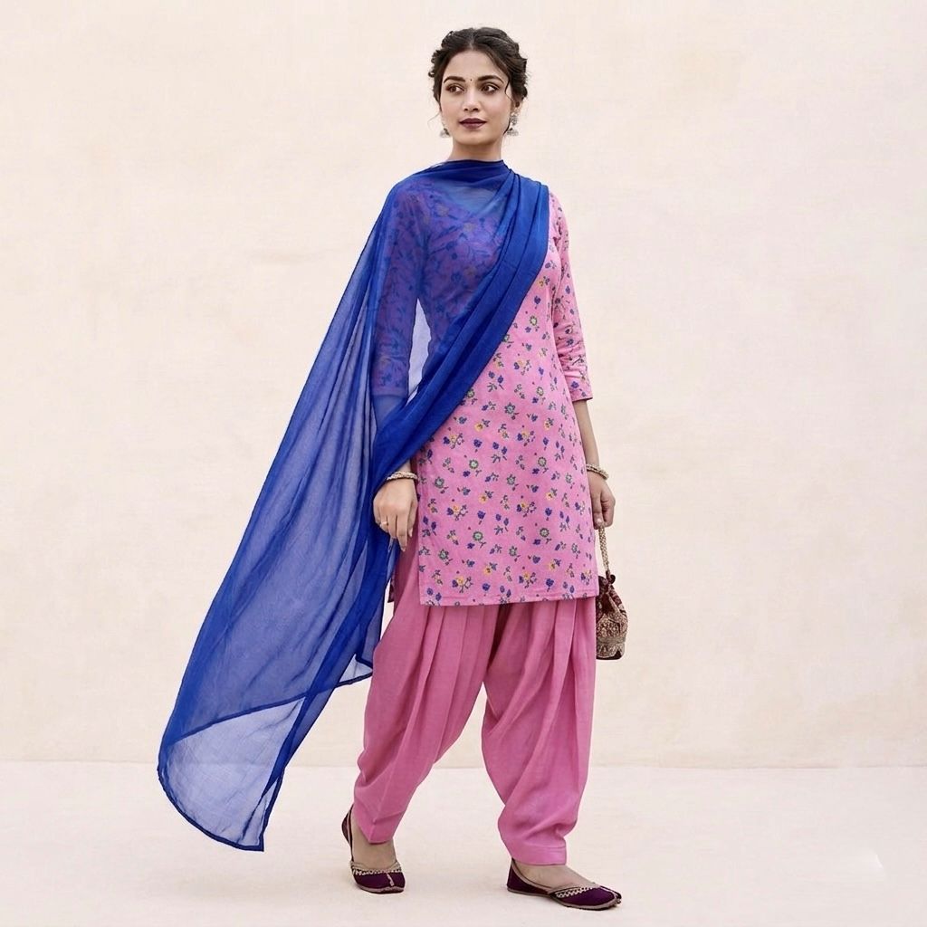 Pink Floral Print Cotton Patiala Salwar Kameez Set with Dupatta