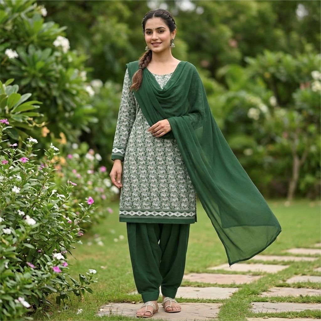 Green Floral Print Cotton Patiala Salwar Kameez Set with Dupatta