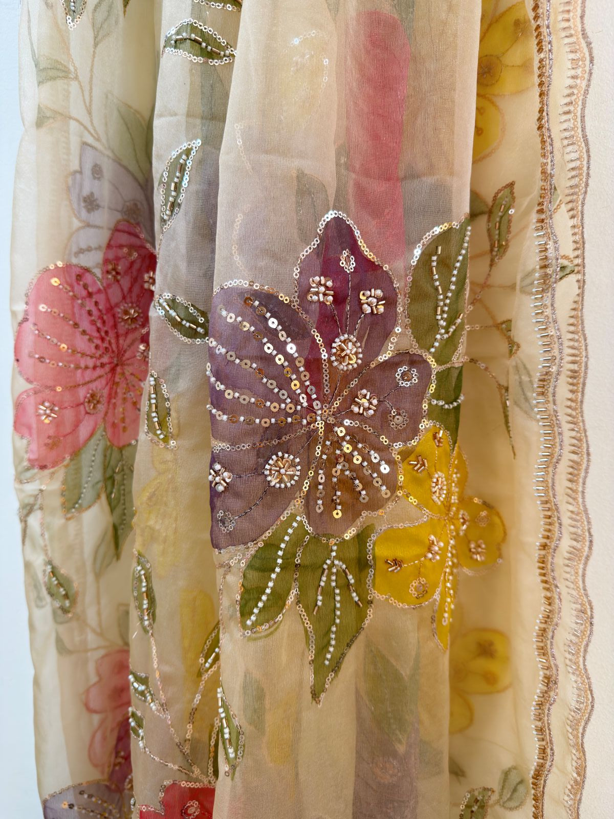 Ivory Floral Embroidered Organza Dupatta