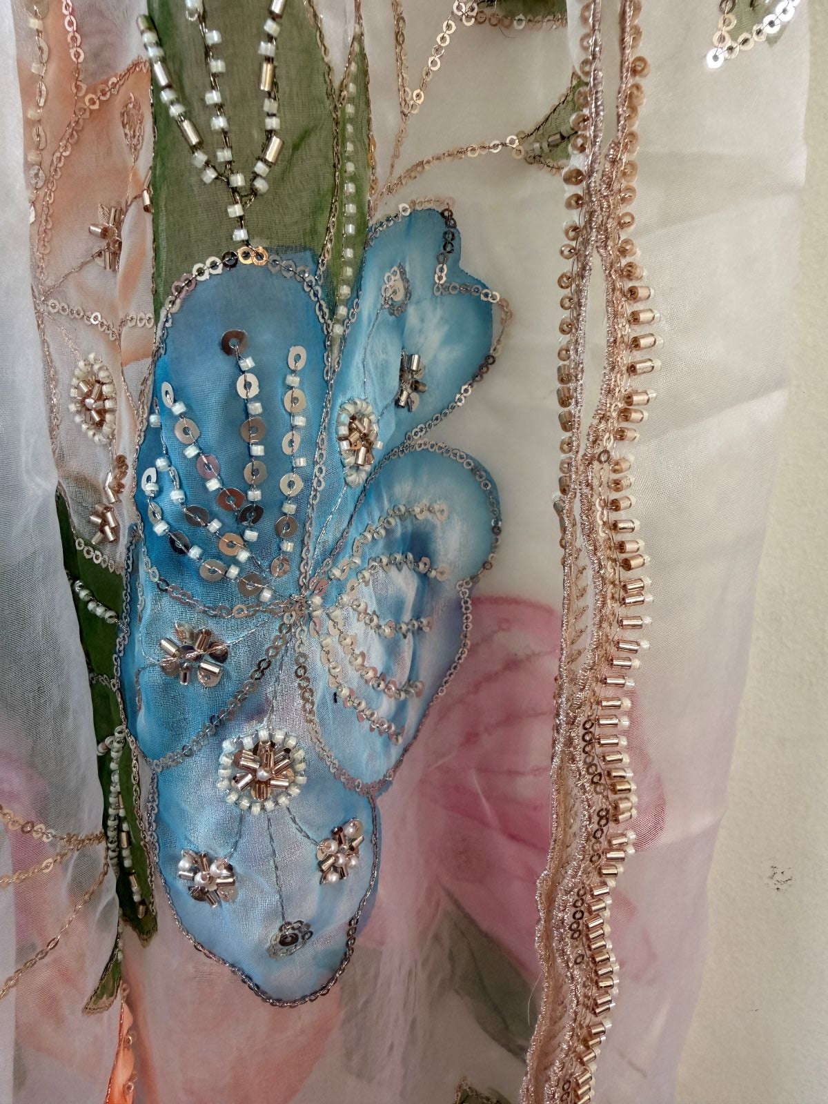 White Floral Sequin Embroidery Organza Dupatta