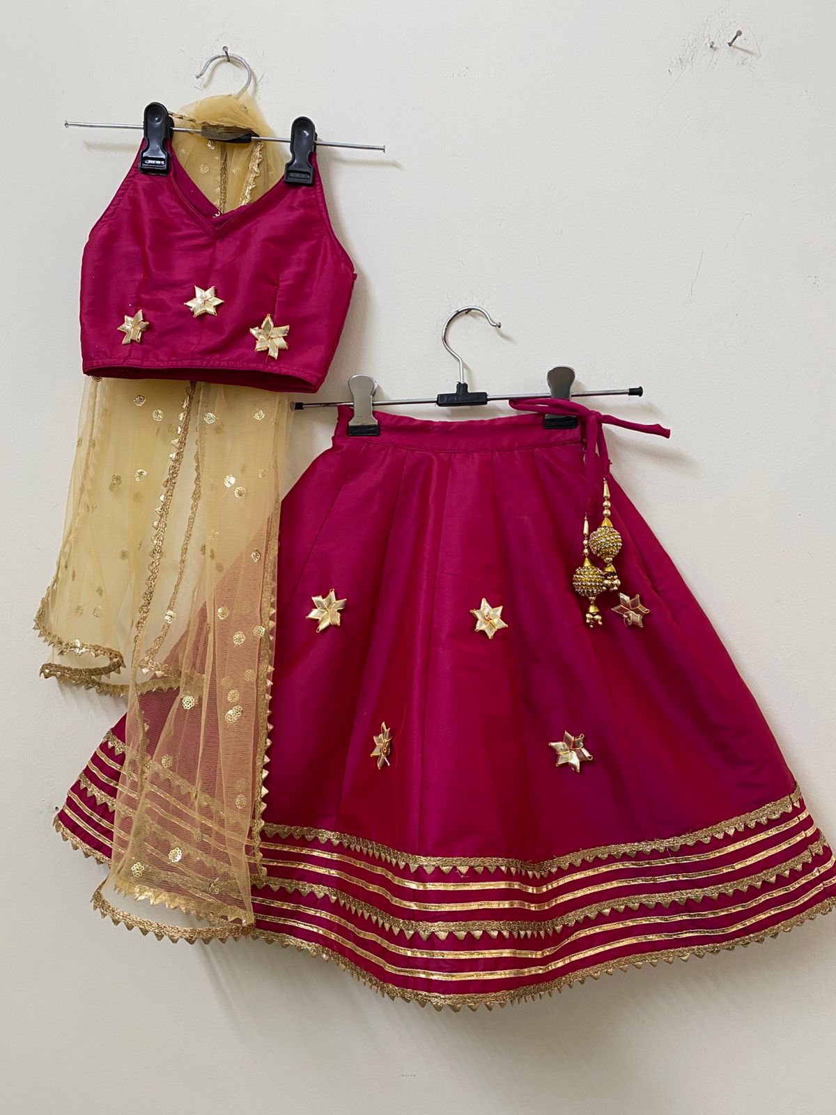 Girl Kids Magenta Pink Gota Embellished Lehenga Set