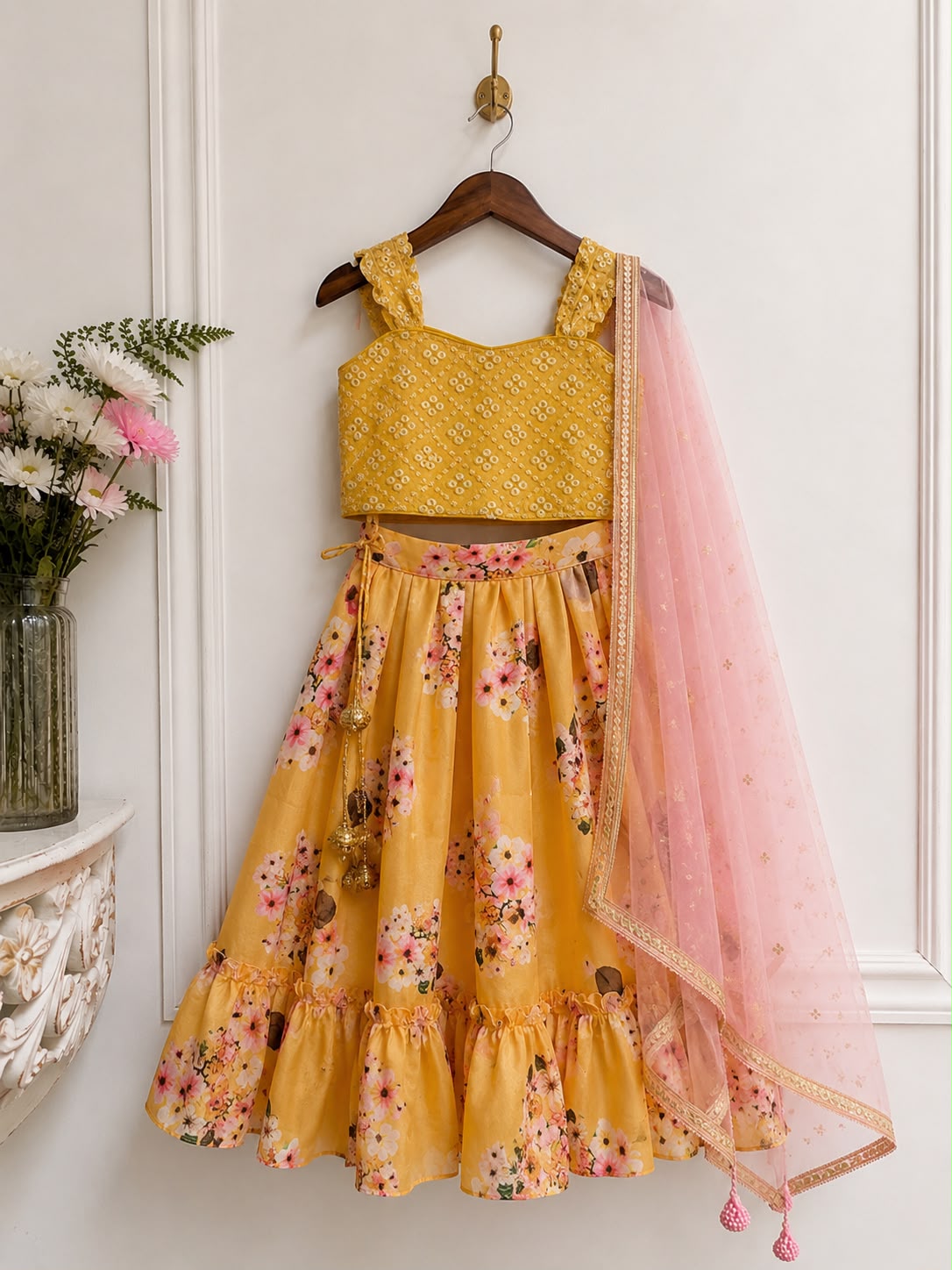 Yellow Floral Embroidered Kids Lehenga Set
