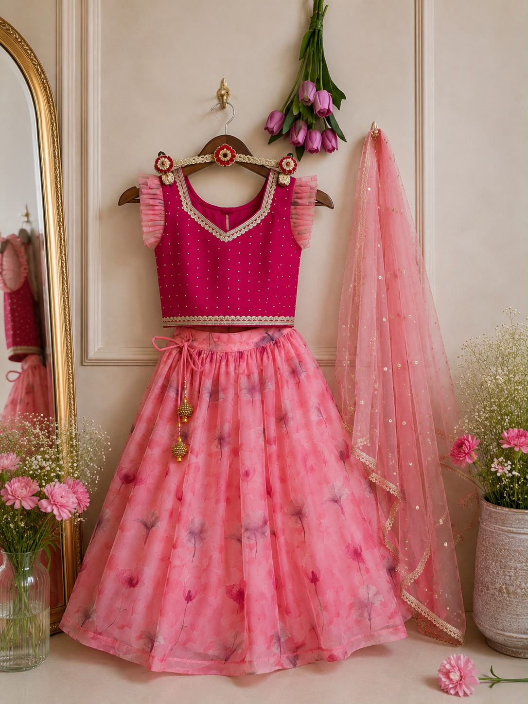 Pink Floral Kids Lehenga Set with Dupatta
