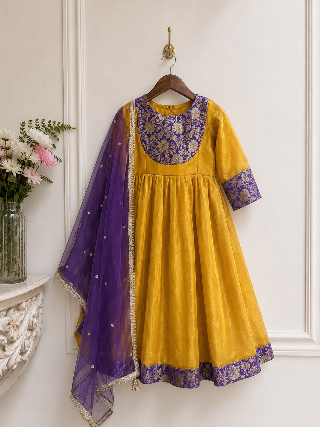 Yellow & Purple Anarkali Kurta Set with Dupatta