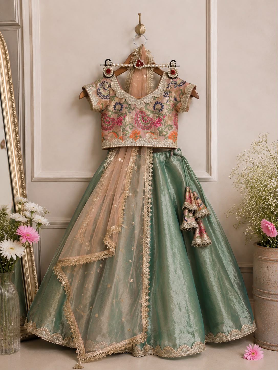 Sage Garden Lehenga With Floral Embroidered Choli & Dupatta