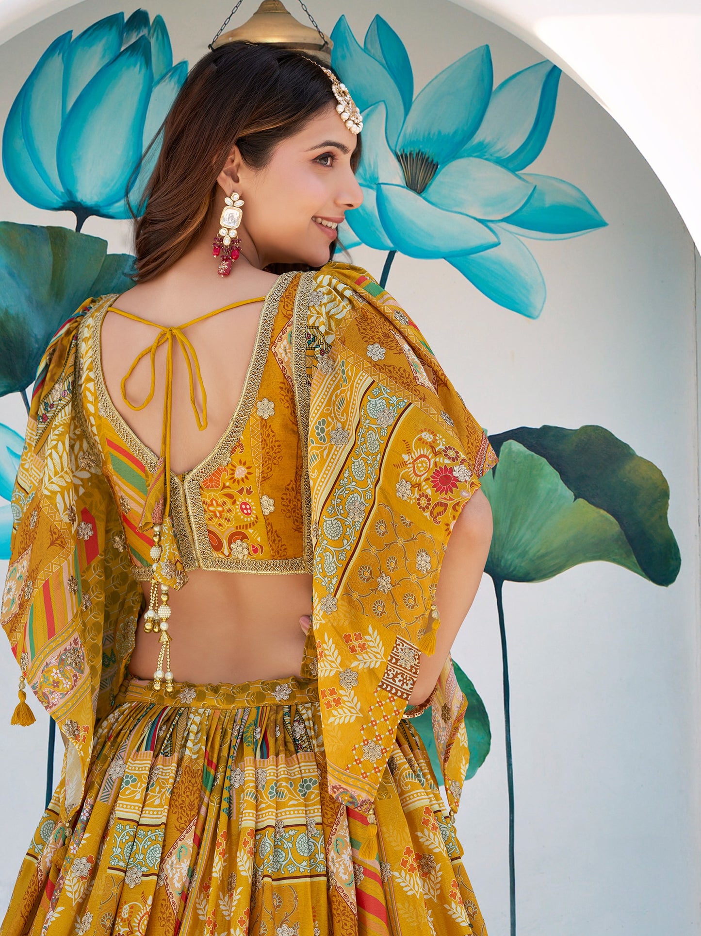 Mustard Yellow Chinon Silk Printed Lehenga Set Custom Stitched