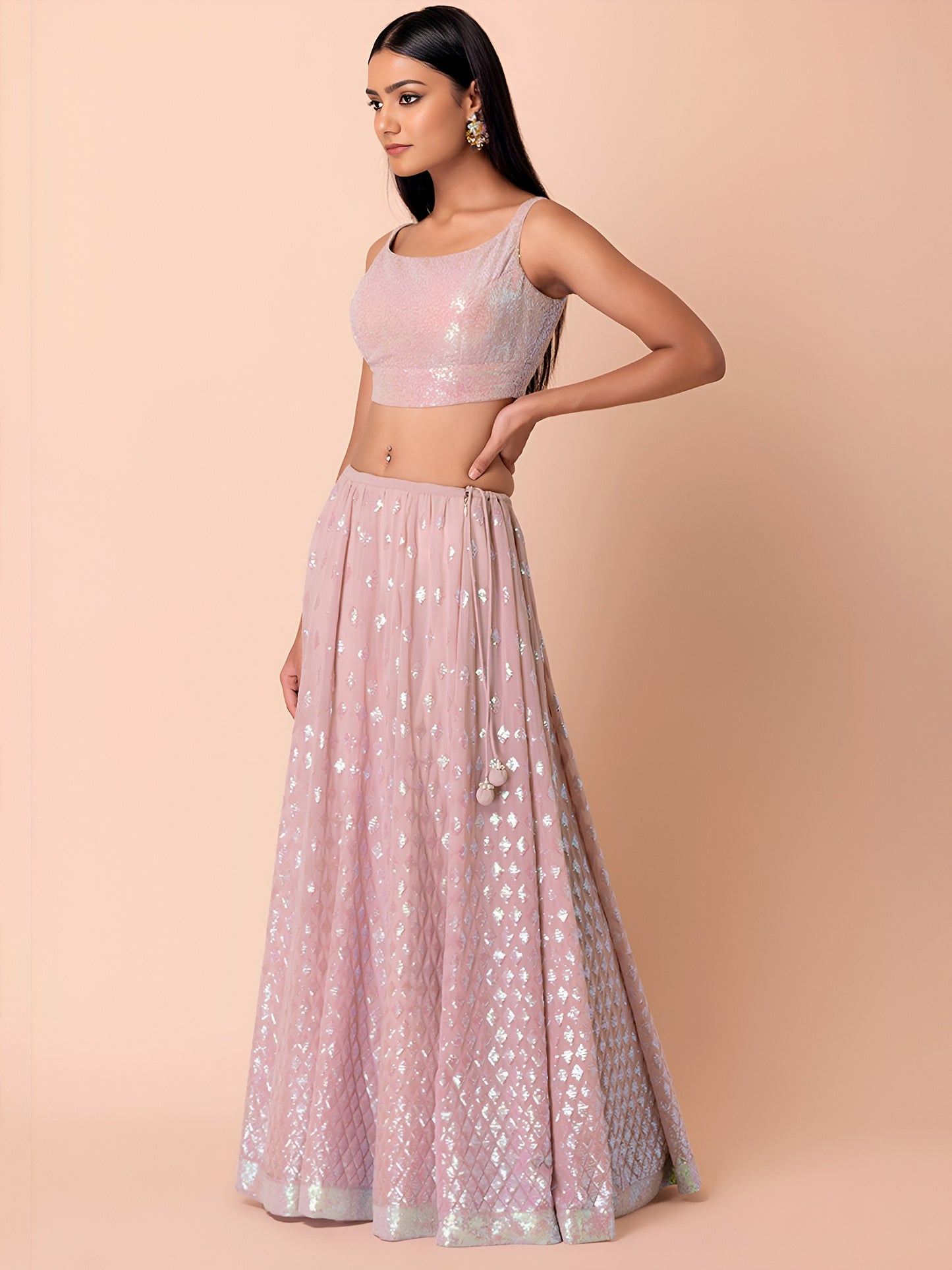 Blush Pink Sequin Lehenga Set with Ruffle Dupatta