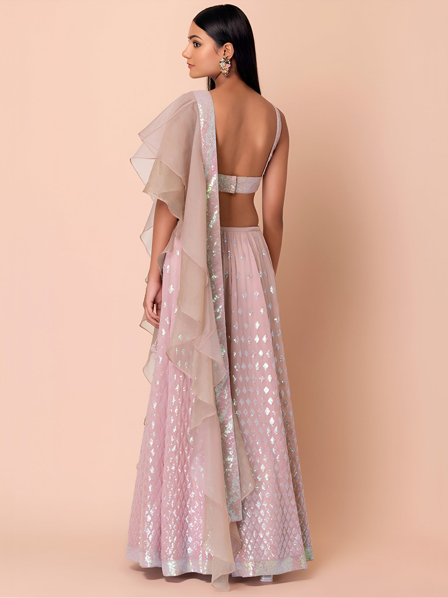 Blush Pink Sequin Lehenga Set with Ruffle Dupatta