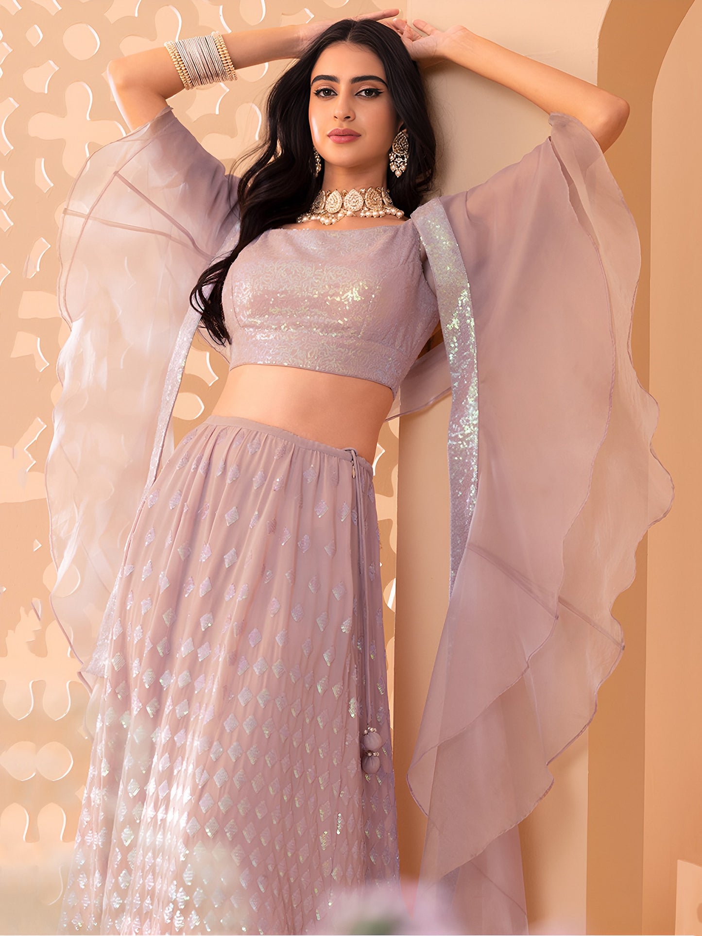 Blush Pink Sequin Lehenga Set with Ruffle Dupatta