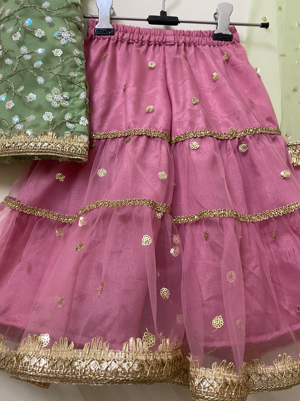 Pink traditional skirt with gold embroidery on a white background