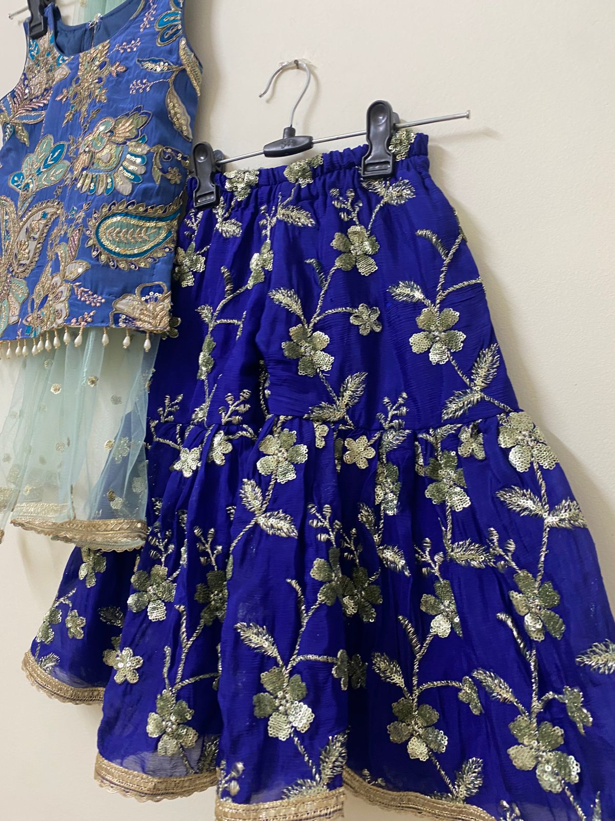 Royal Blue Embroidered Girls Kids Sharara Suit with Kurti