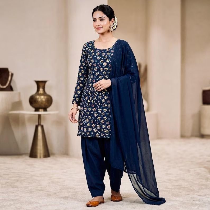 Indigo Bloom Patiala Set – model wearing floral cotton kurta with solid navy Patiala salwar and sheer dupatta