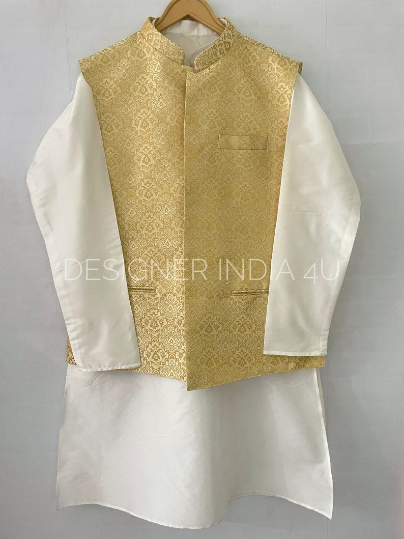 Mens Kurta Pajama with Half Jacket in Banarsi Jaquard