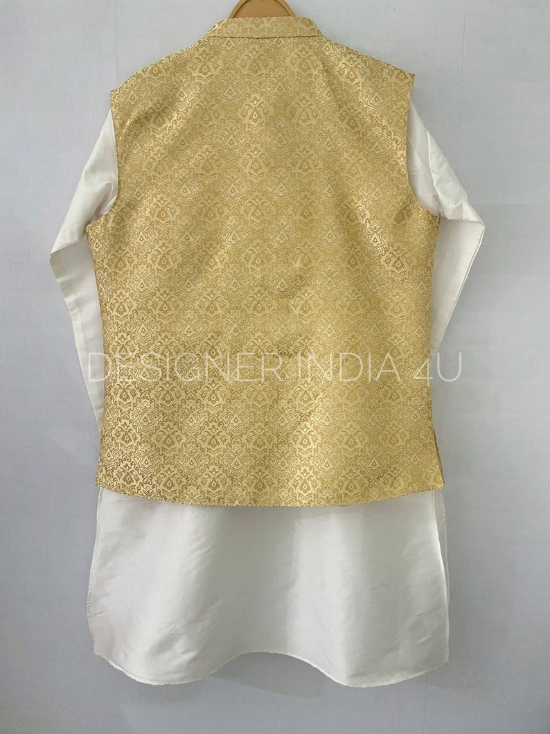 Mens Kurta Pajama with Half Jacket in Banarsi Jaquard