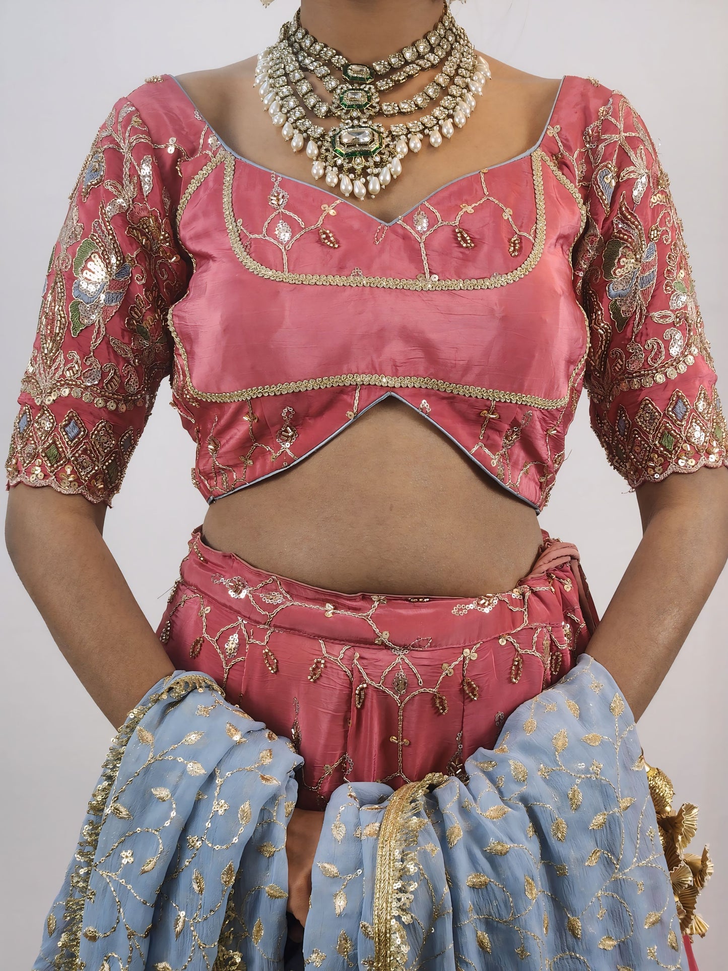 Rose Pink Embroidered Lehenga Set with Powder Blue Dupatta
