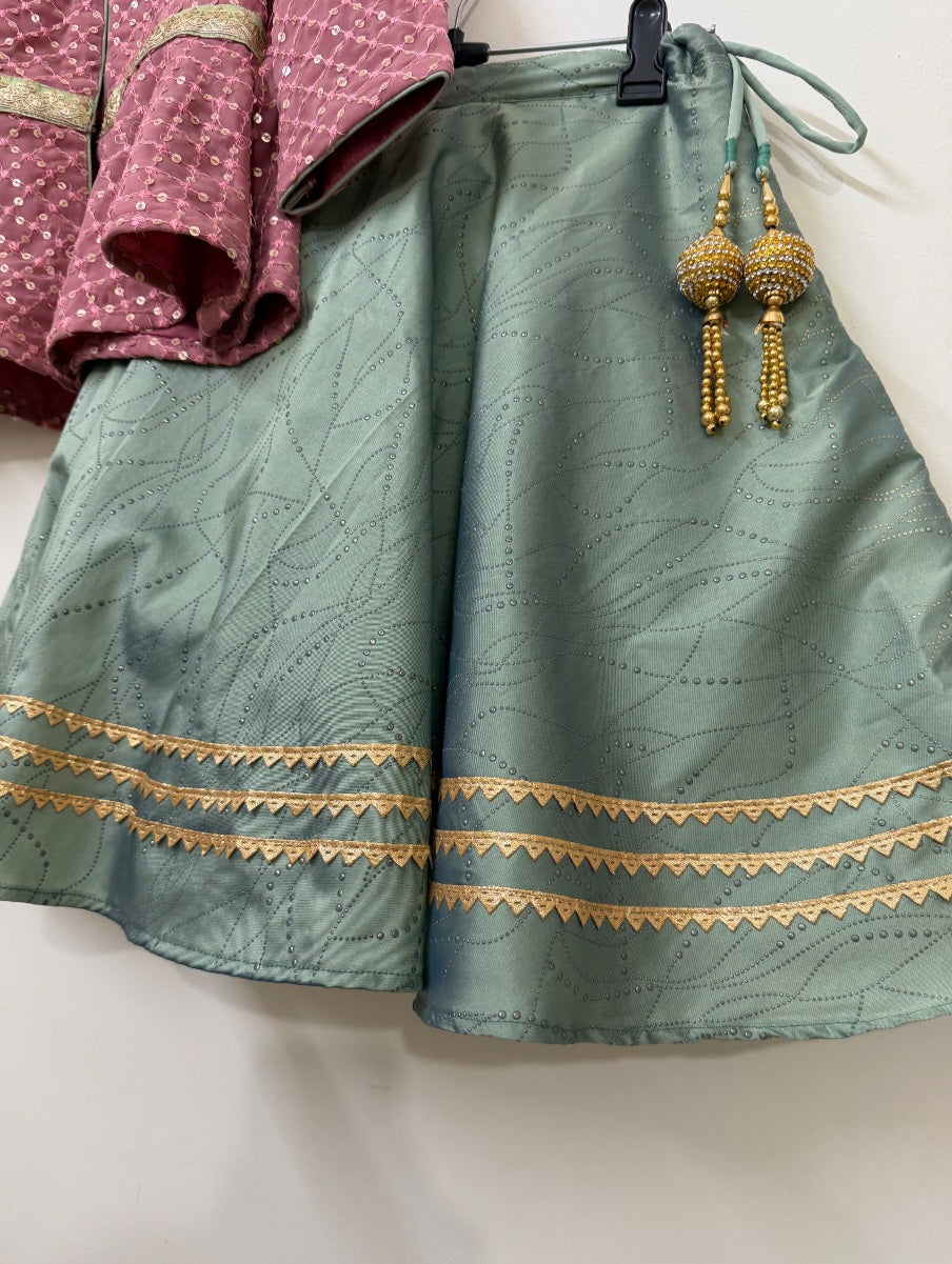 Dusty Rose & Sage Green Embroidered Lehenga Set with Peplum Jacket