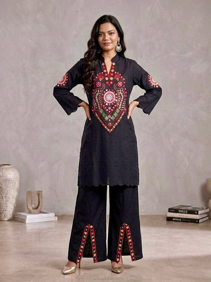 Black Embroidered Kurta with Palazzo | Mirror Work | Ethnic Wear | Sizes 40–46