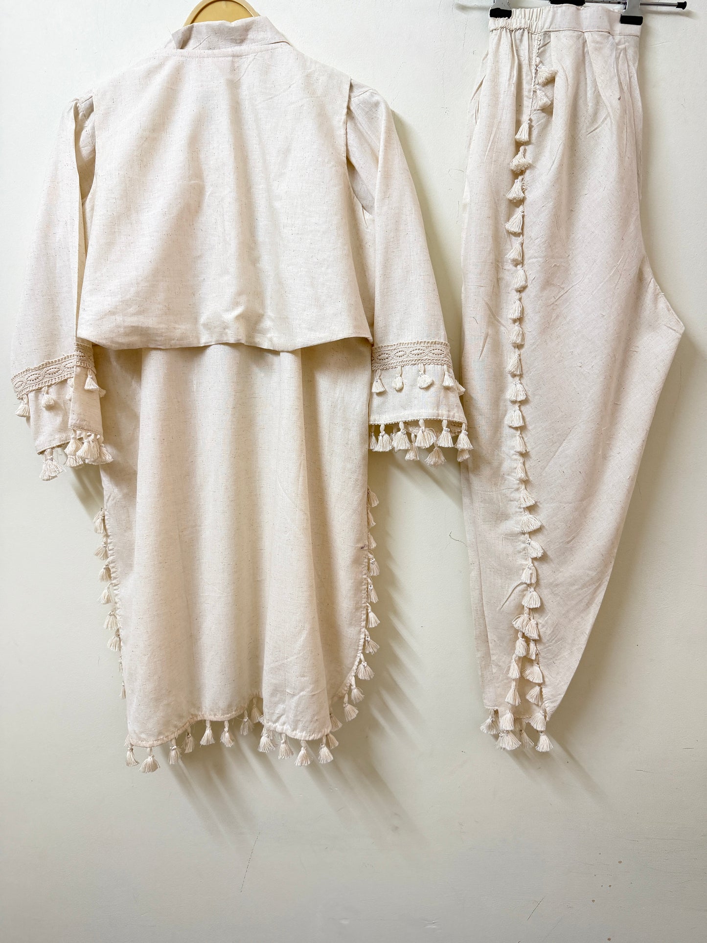 Off-White Muslin Kurta with Koti & Tassel Pants | Mirror & Cowrie Shell Embroidery | Ethnic Wear | Sizes 40–46