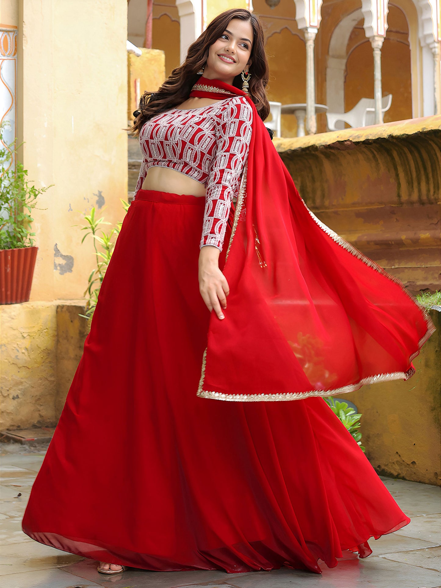 Elegant Red Lehenga with Embroidered Blouse & Dupatta