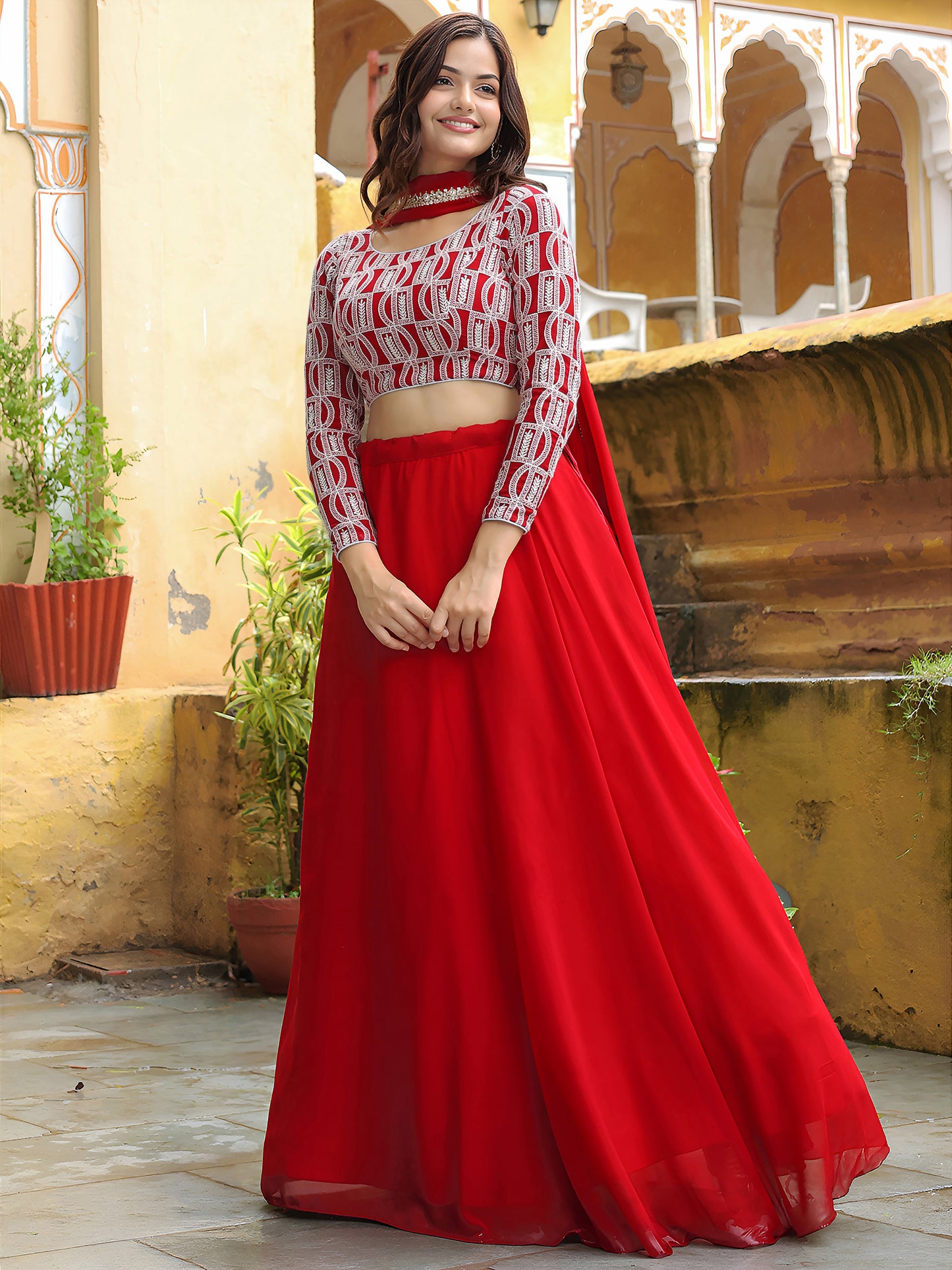 Elegant Red Lehenga with Embroidered Blouse & Dupatta