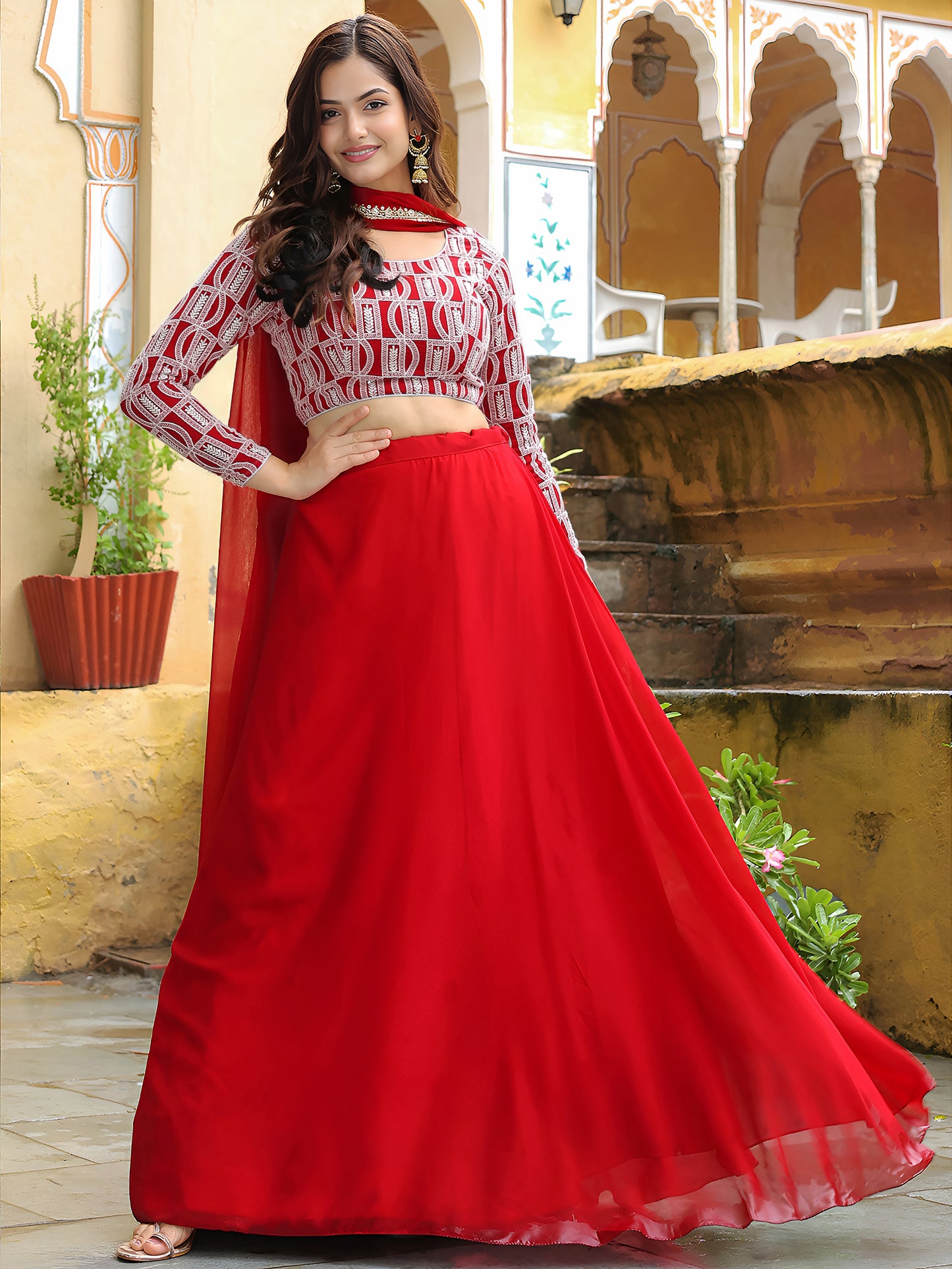 Elegant Red Lehenga with Embroidered Blouse & Dupatta