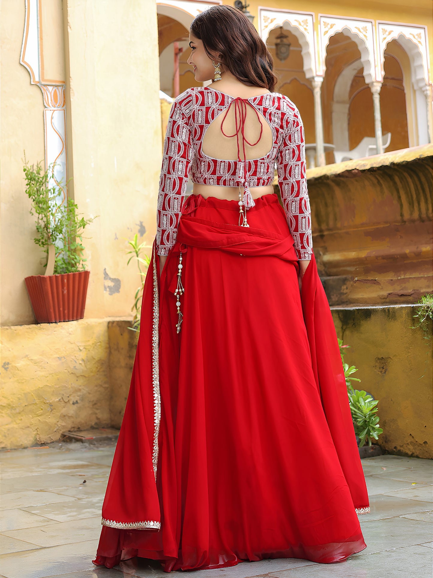 Elegant Red Lehenga with Embroidered Blouse & Dupatta