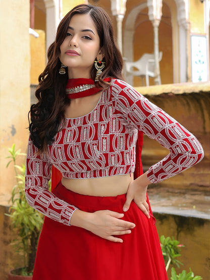Elegant Red Lehenga with Embroidered Blouse & Dupatta