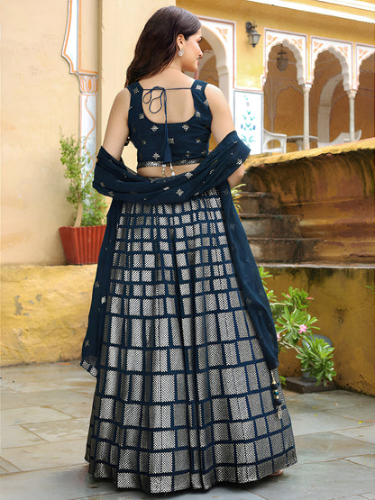 Navy Blue Woven Silk Lehenga Set