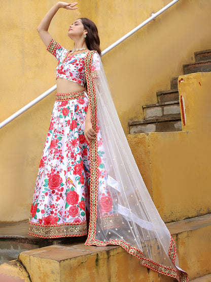 White Floral Printed Lehenga Set with Embroidered Dupatta