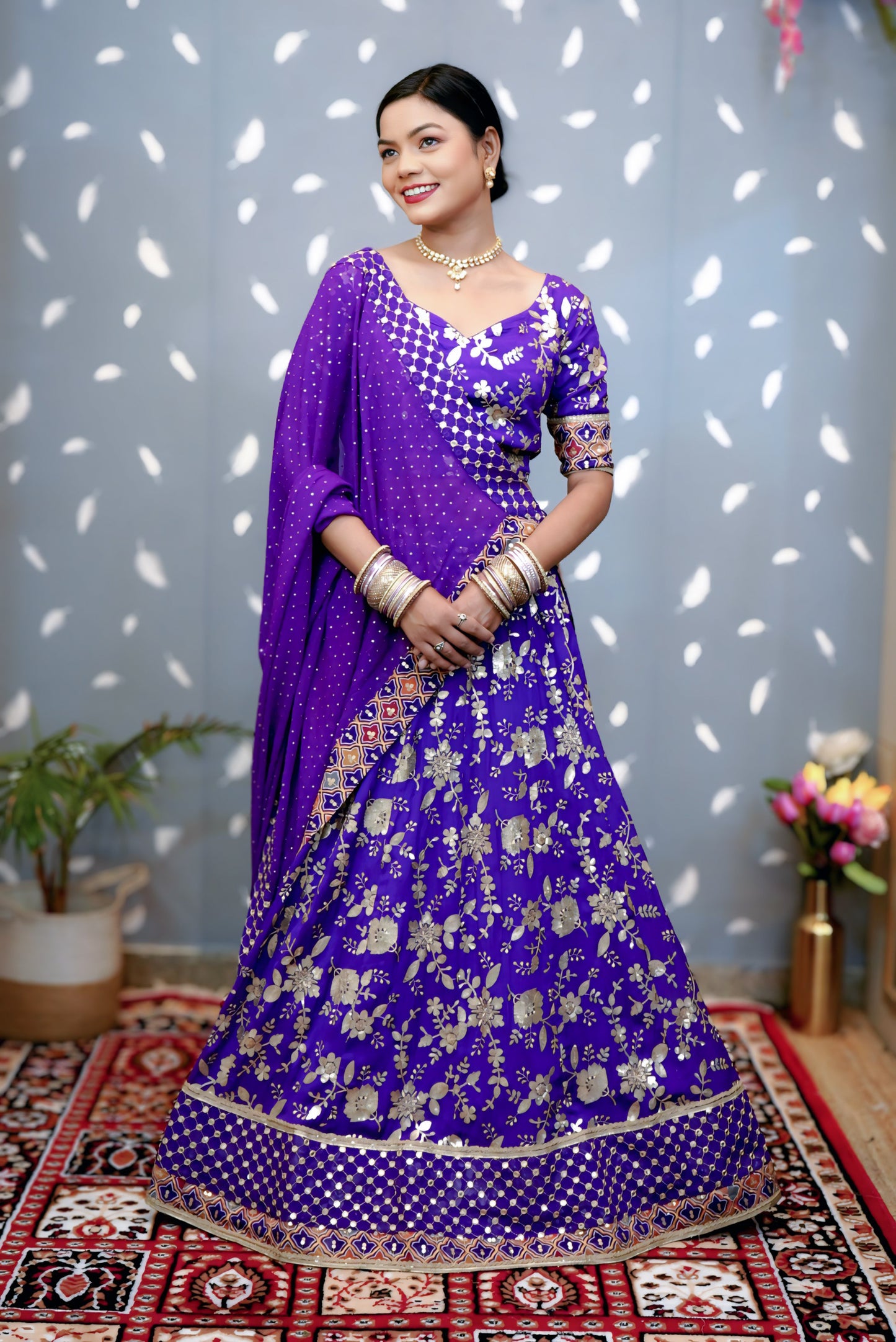 Purple designer lehenga choli custom made with embroidered georgette