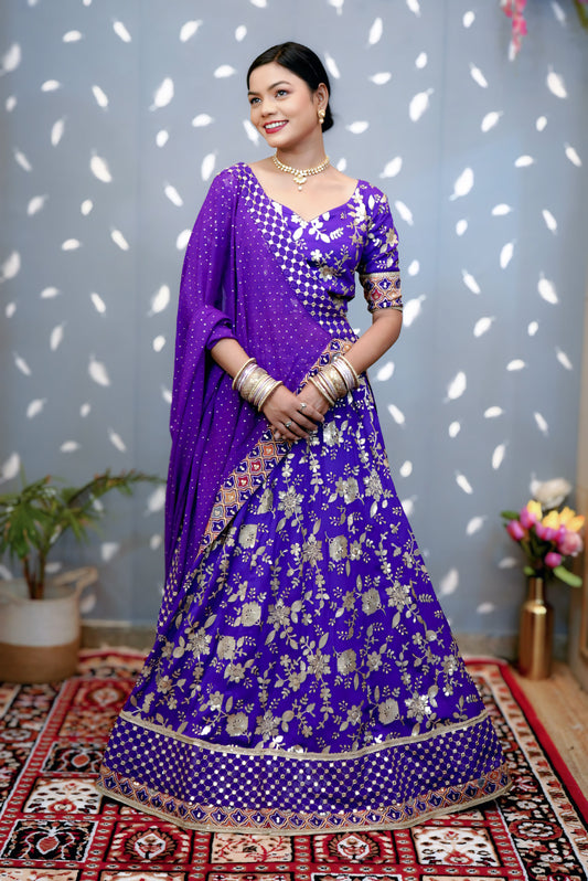 Purple designer lehenga choli custom made with embroidered georgette