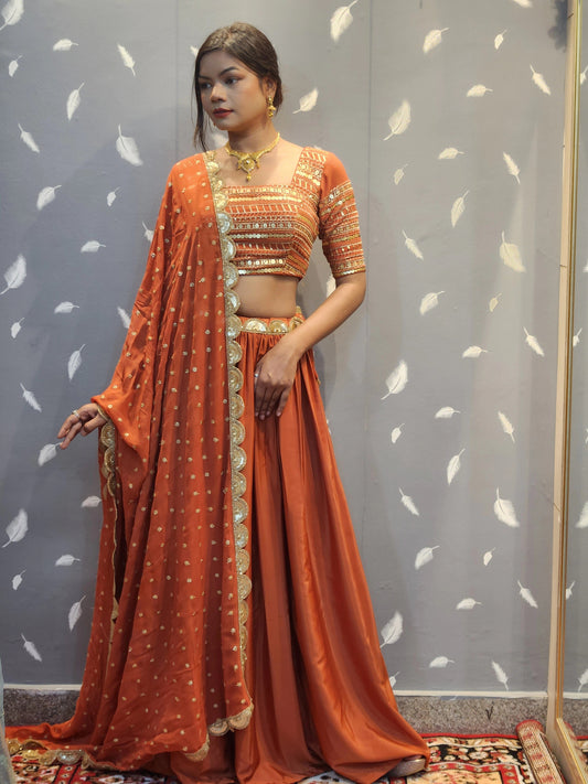 Hand-Embellished Designer Lehenga Choli in Rusty Orange