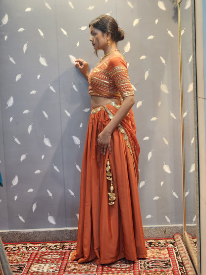 Hand-Embellished Designer Lehenga Choli in Rusty Orange