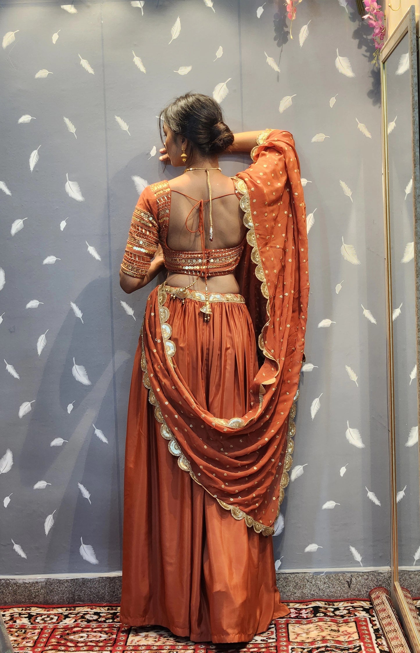 Hand-Embellished Designer Lehenga Choli in Rusty Orange