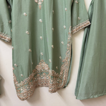 Sage Green Chinon Kurta with Palazzo & Dupatta | Zari Embroidery | Ethnic Wear | Sizes 40–46