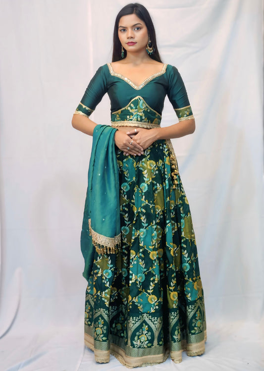 Lehenga Set Custom Stitched Brocade Silk Green