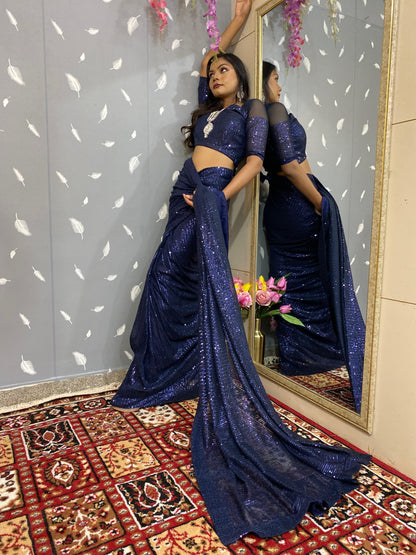 Blue Sequins Prestitched Saree Blouse For Women