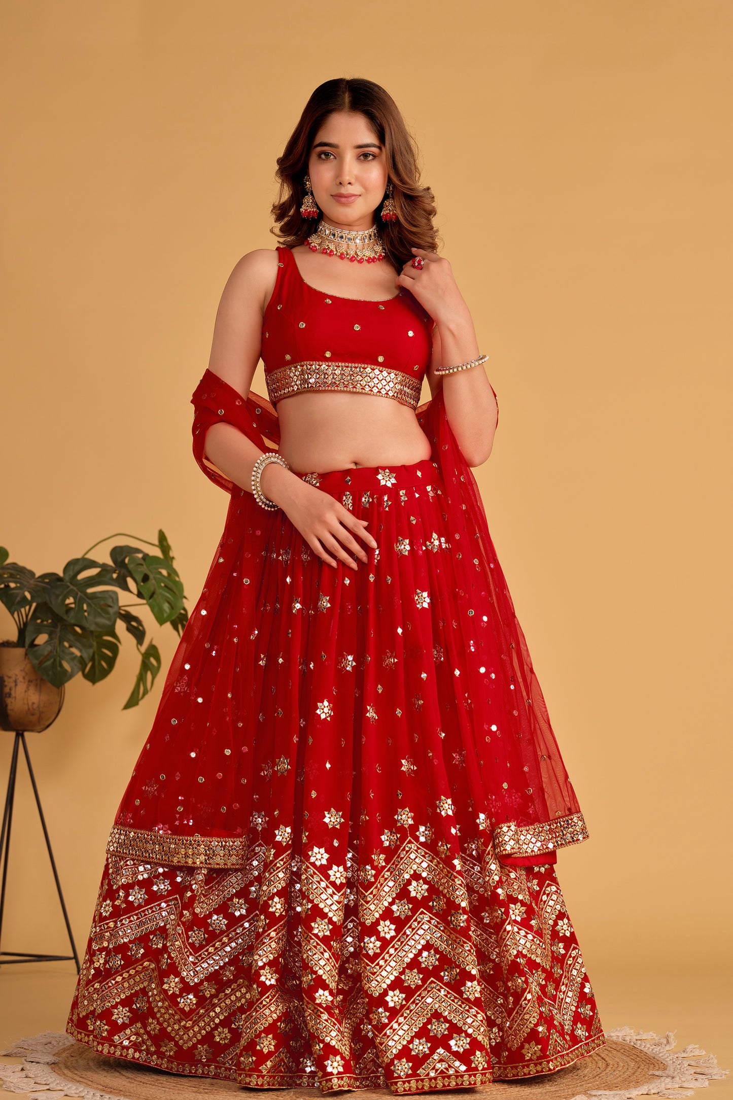 Elegant Red Sequin & Mirror Work Lehenga Choli