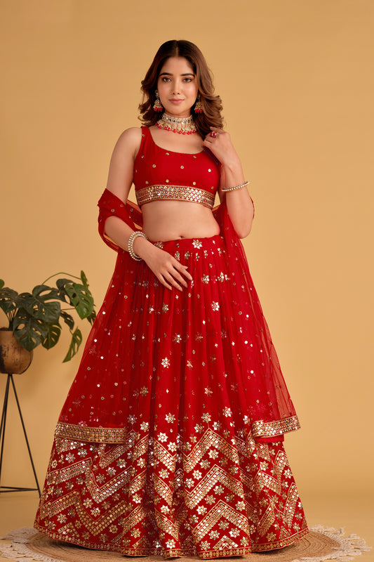 Elegant Red Sequin & Mirror Work Lehenga Choli