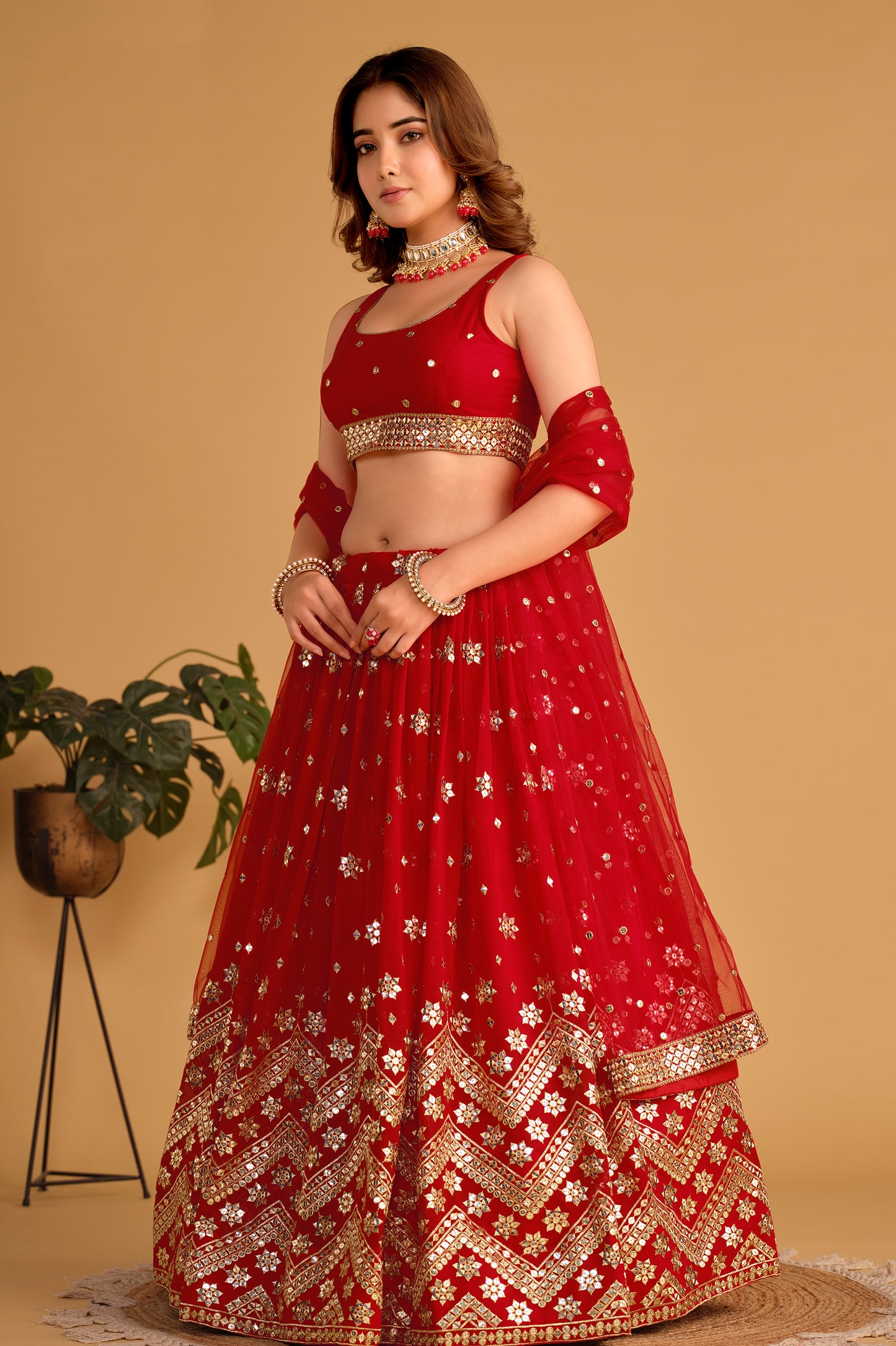 Elegant Red Sequin & Mirror Work Lehenga Choli