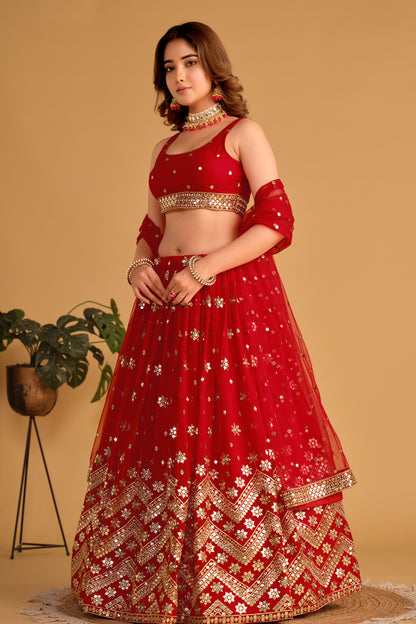 Elegant Red Sequin & Mirror Work Lehenga Choli